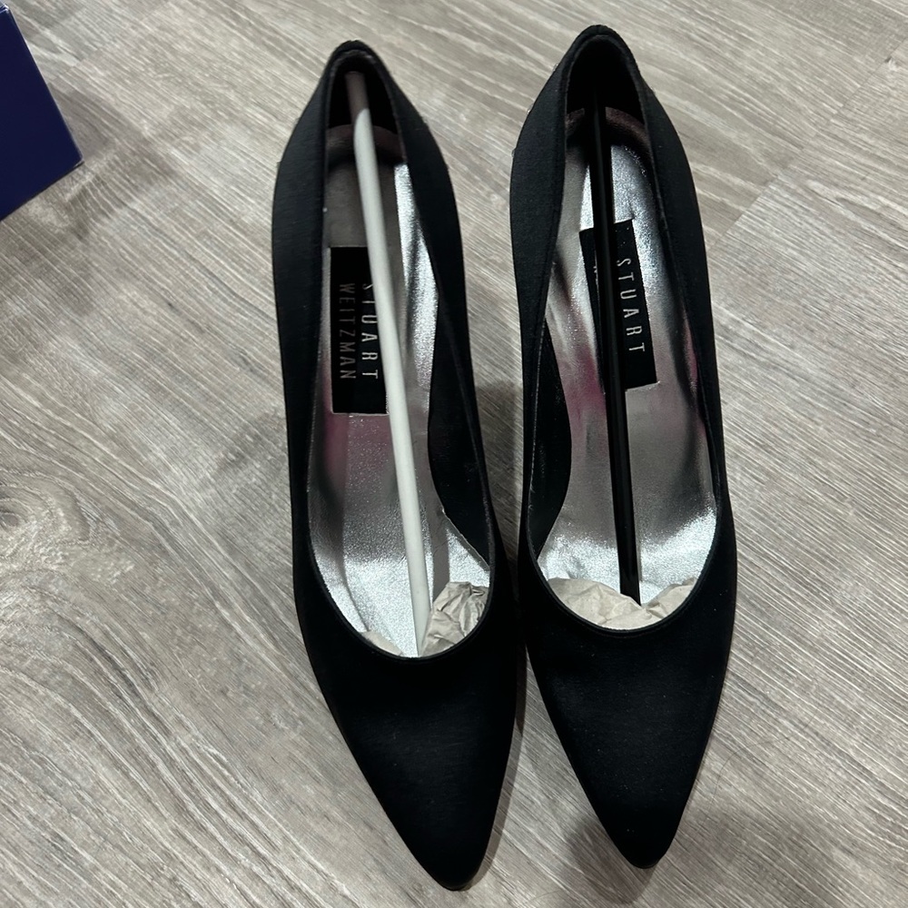 Stuart Weitzman Sparkler Black Satin Heels. Pre owned used condition.